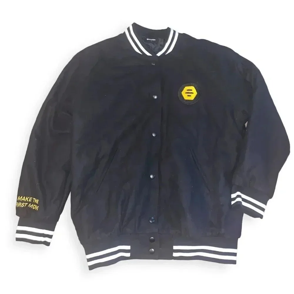 Bumble Social Dating App Black Quilted Bomber Varsity Jacket Snap Size M Unisex